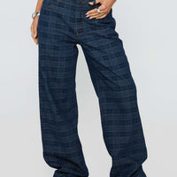 Top Model Low Rise Straight Leg Jeans Indigo Plaid