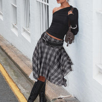 Scholar Asymmetrical Midi Skirt Grey Check