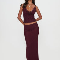 Reiko Lace Trim Tie Front Maxi Set Burgundy