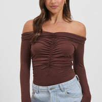 Harlow Off The Shoulder Bodysuit Chocolate