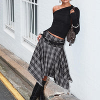 Scholar Asymmetrical Midi Skirt Grey Check