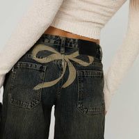 Ribbon Stamp Low Rise Wide Leg Jeans Antique Wash