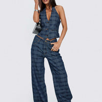 Top Model Low Rise Straight Leg Jeans Indigo Plaid