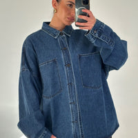Unisex Drop Shoulder Denim Shirt Dark Blue
