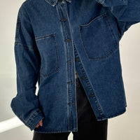 Unisex Drop Shoulder Denim Shirt Dark Blue