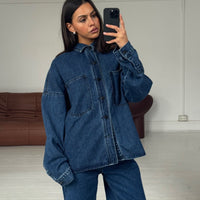 Unisex Drop Shoulder Denim Shirt Dark Blue
