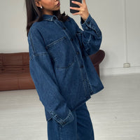 Unisex Drop Shoulder Denim Shirt Dark Blue