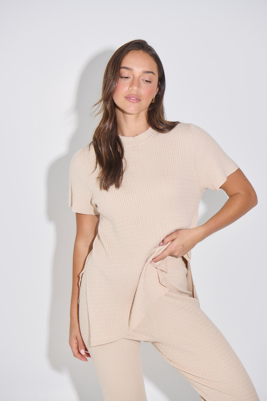 Leighton Ribbed Top Almond