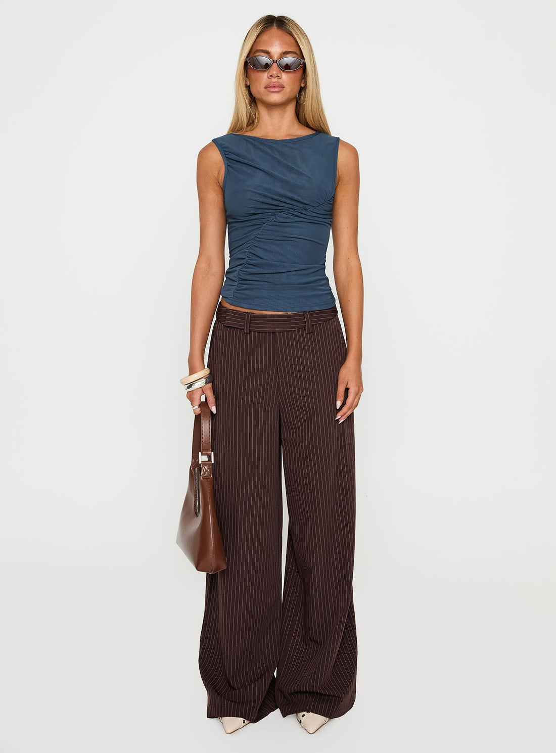Lustre Wide Leg Pant Brown Pinstripe