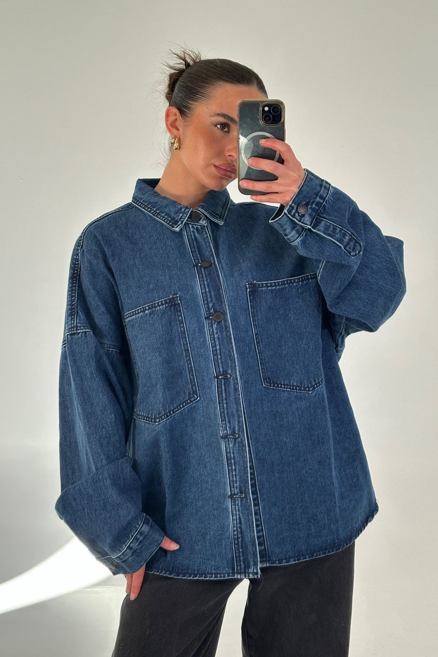 Unisex Drop Shoulder Denim Shirt Dark Blue